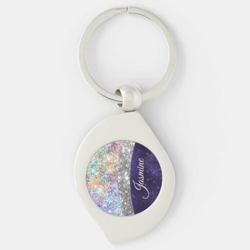 iridescent purple silver faux glitter monogram key keychain