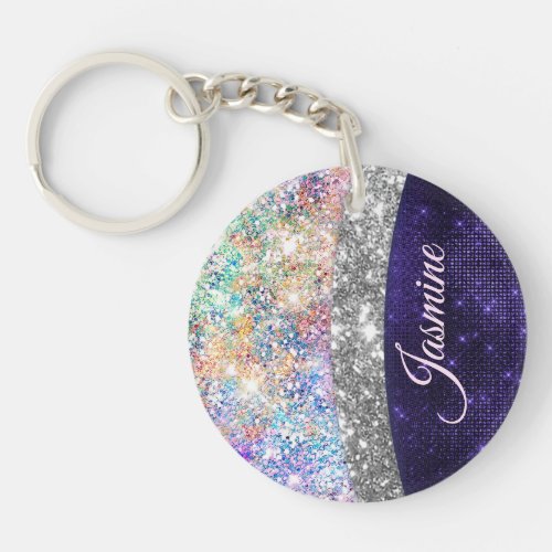 iridescent purple silver faux glitter monogram keychain