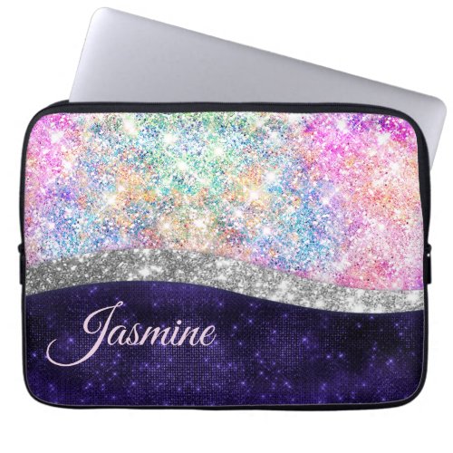 iridescent purple silver faux glitter monogram laptop sleeve