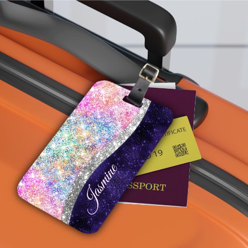 iridescent purple silver faux glitter monogram luggage tag