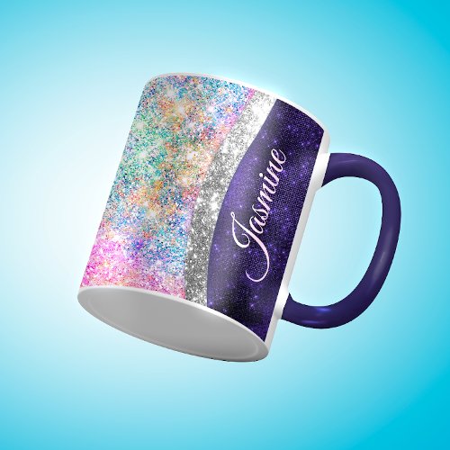 iridescent purple silver faux glitter monogram mug