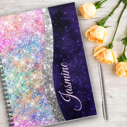 iridescent purple silver faux glitter monogram notebook