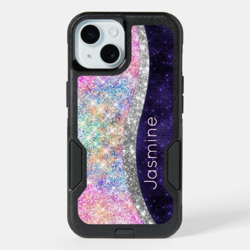 iridescent purple silver faux glitter monogram iPhone 15 case