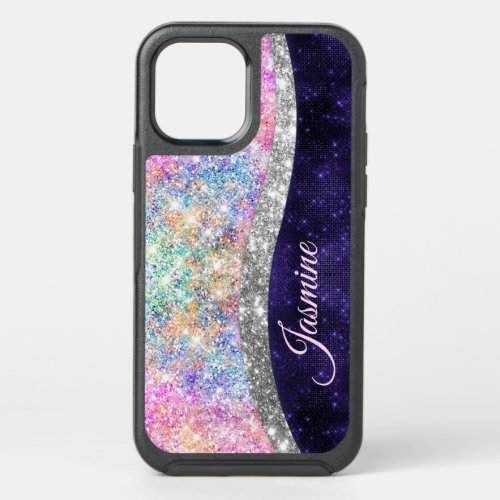 iridescent purple silver faux glitter monogram OtterBox symmetry iPhone 12 pro case
