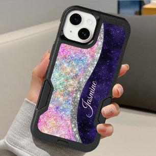 iridescent purple silver faux glitter monogram OtterBox iPhone 14 case