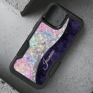 iridescent purple silver faux glitter monogram OtterBox iPhone 14 case