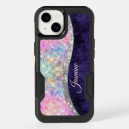 iridescent purple silver faux glitter monogram OtterBox iPhone 14 case