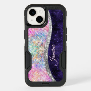 iridescent purple silver faux glitter monogram OtterBox iPhone 14 case
