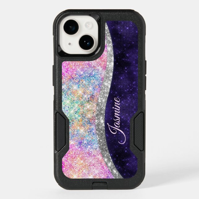 iridescent purple silver faux glitter monogram otterbox iPhone case (Back)