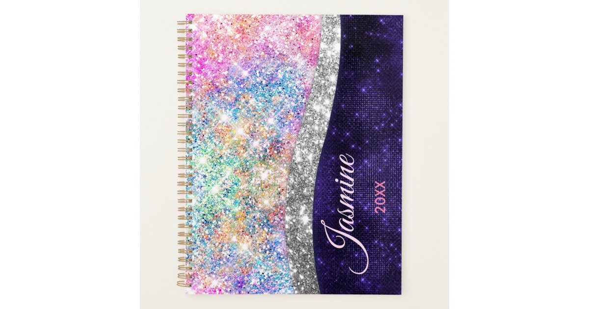 iridescent purple silver faux glitter monogram pla planner | Zazzle