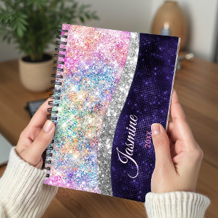 iridescent purple silver faux glitter monogram pla planner