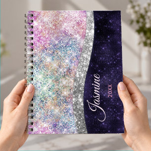 iridescent purple silver faux glitter monogram pla planner