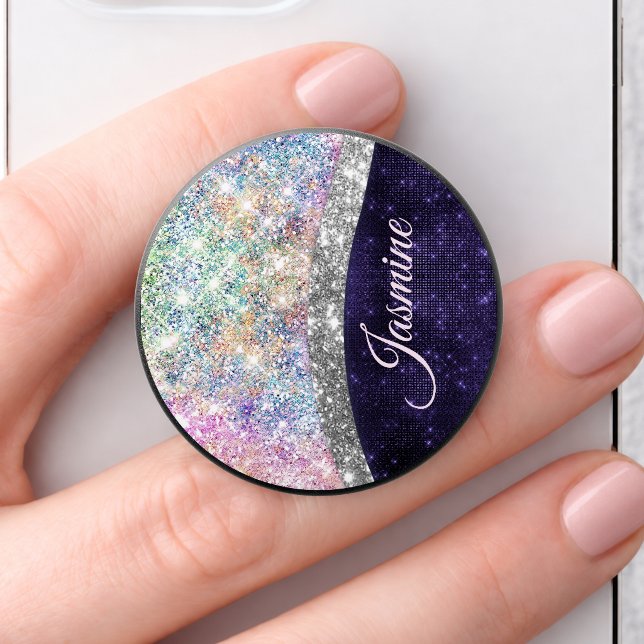 iridescent purple silver faux glitter monogram PopSocket (Creator Uploaded)