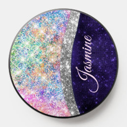 iridescent purple silver faux glitter monogram PopSocket