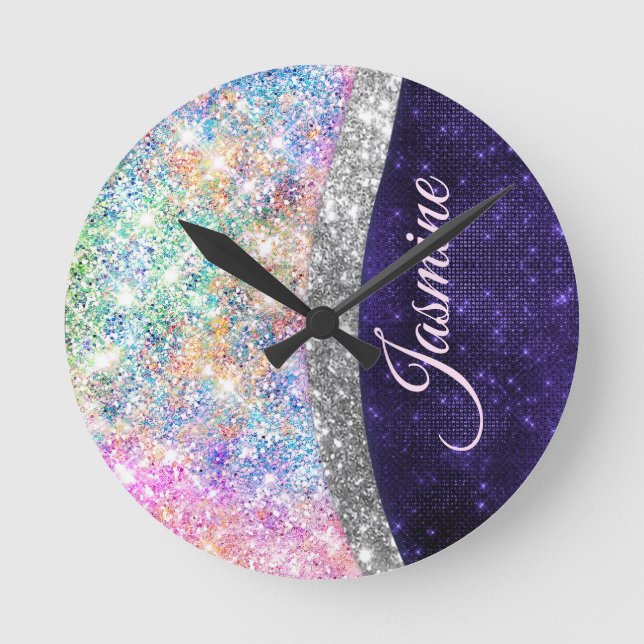 iridescent purple silver faux glitter monogram round clock (Front)