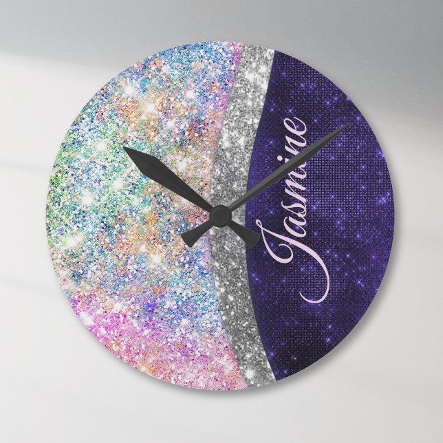 iridescent purple silver faux glitter monogram round clock (Creator Uploaded)