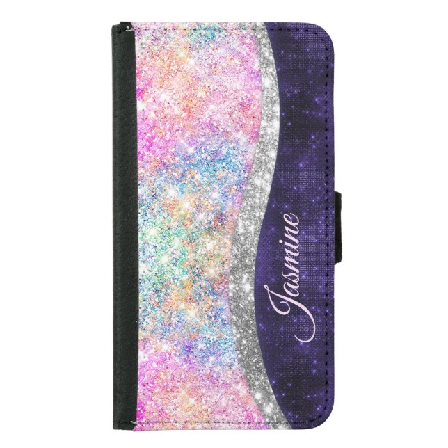 iridescent purple silver faux glitter monogram samsung galaxy wallet case (Front)