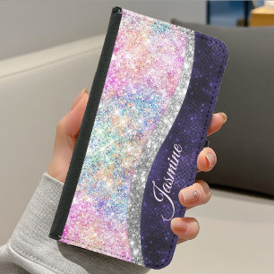 iridescent purple silver faux glitter monogram samsung galaxy s5 wallet case