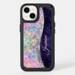 iridescent purple silver faux glitter monogram speck iPhone 14 case