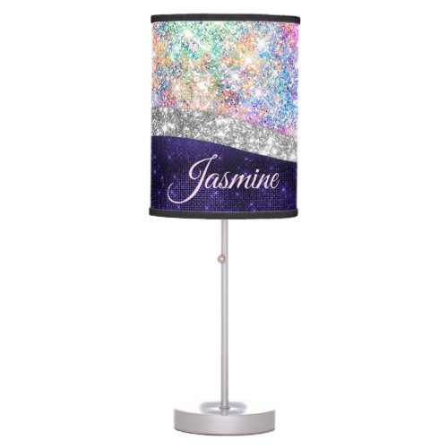 iridescent purple silver faux glitter monogram table lamp