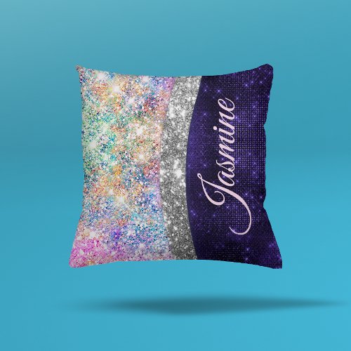 iridescent purple silver faux glitter monogram throw pillow
