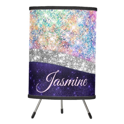 iridescent purple silver faux glitter monogram tripod lamp