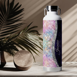 iridescent purple silver faux glitter monogram water bottle