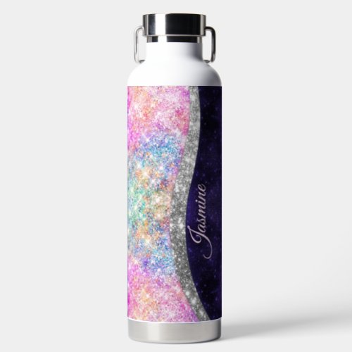 iridescent purple silver faux glitter monogram water bottle