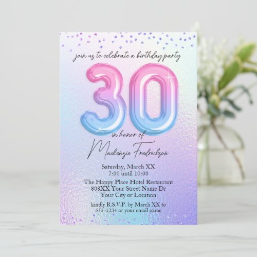 Iridescent Rainbow Balloons 30th Birthday Invitation