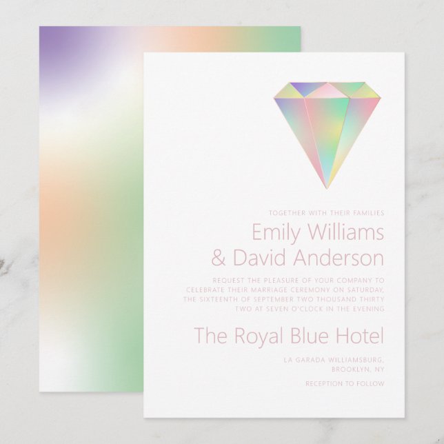 Iridescent Rainbow Diamond Rose Gold Wedding  Invitation (Front/Back)