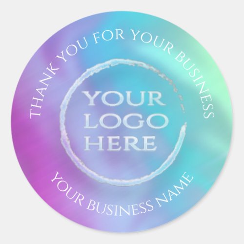 Iridescent rainbow holographic your logo thank you classic round sticker