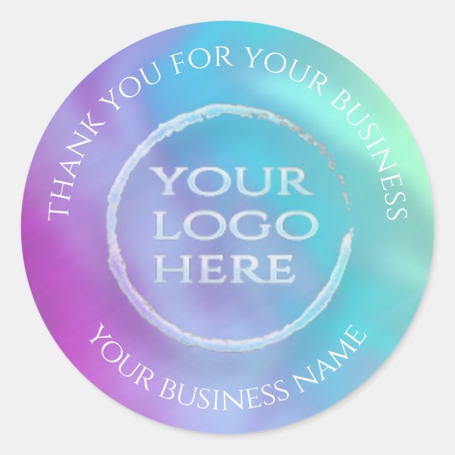 Iridescent rainbow holographic your logo thank you classic round sticker (Front)