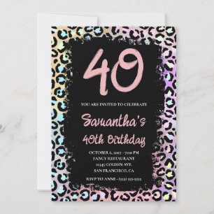 Iridescent Rainbow Leopard Pink 40th Birthday Invitation