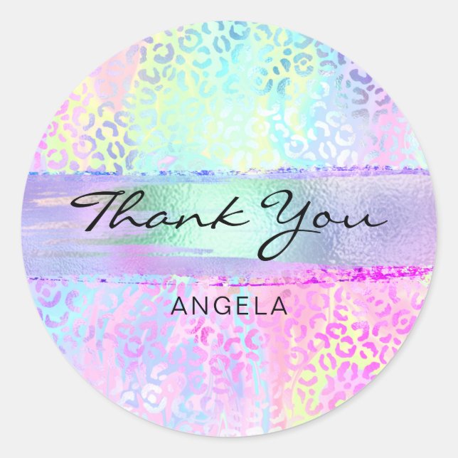 Iridescent Rainbow Leopard Pink Thank You Classic Round Sticker (Front)