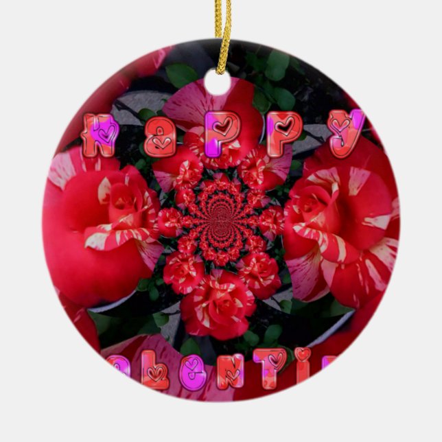 Iridescent Red Roses "Happy Valentine" Art Print Ceramic Ornament (Front)