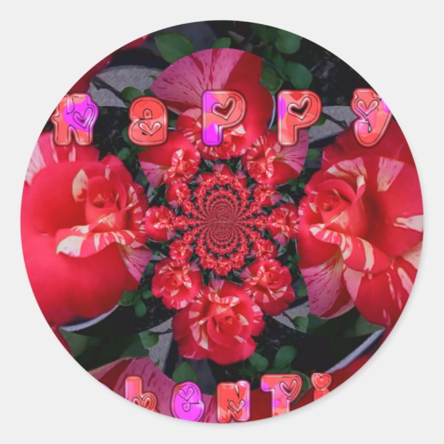  Iridescent Red Roses "Happy Valentine" Art Print/ Classic Round Sticker (Front)
