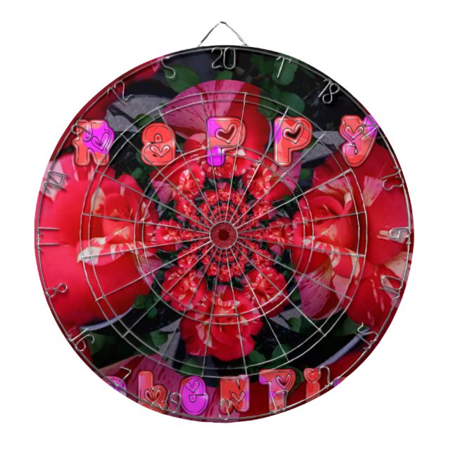  Iridescent Red Roses "Happy Valentine" Art Print Dartboard With Darts (Front)