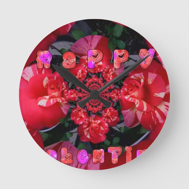 Iridescent Red Roses "Happy Valentine" Art Print Round Clock (Front)