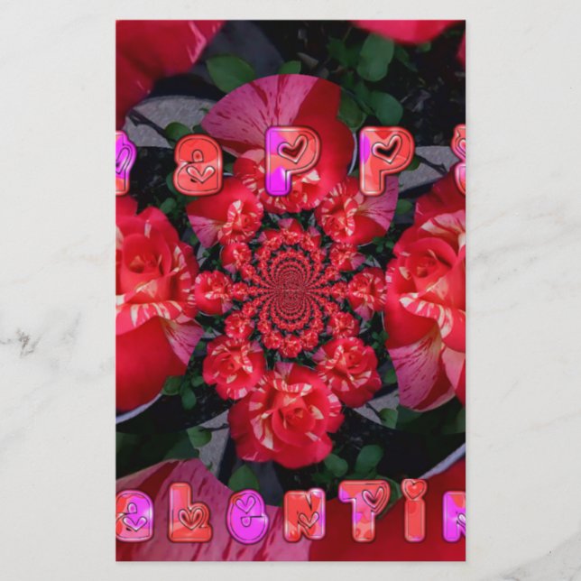  Iridescent Red Roses "Happy Valentine" Art Print Stationery (Front)