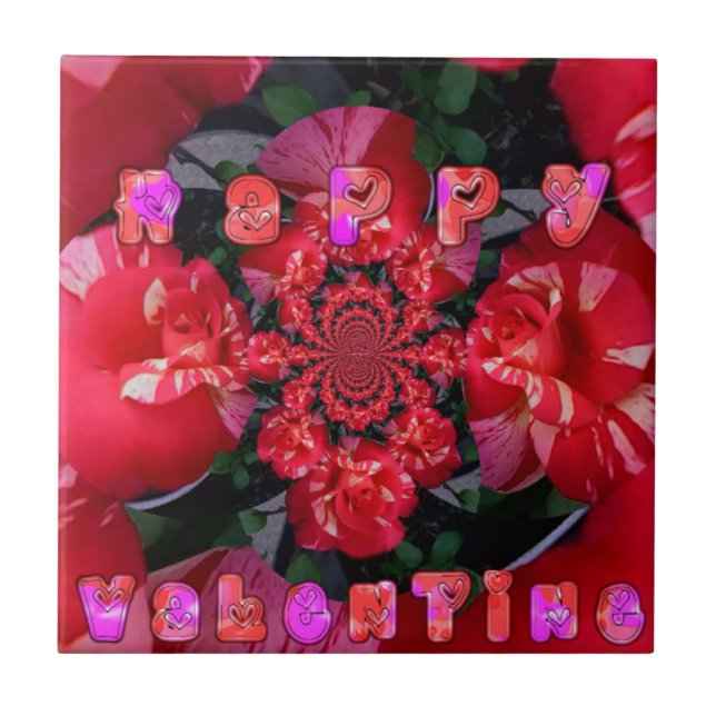 Iridescent Red Roses "Happy Valentine" Art Print Tile (Front)