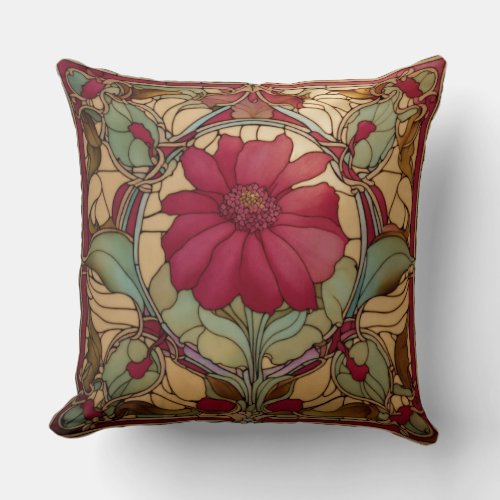 Iridescent Ruby Rhapsody Art Nouveau Floral Prin Throw Pillow