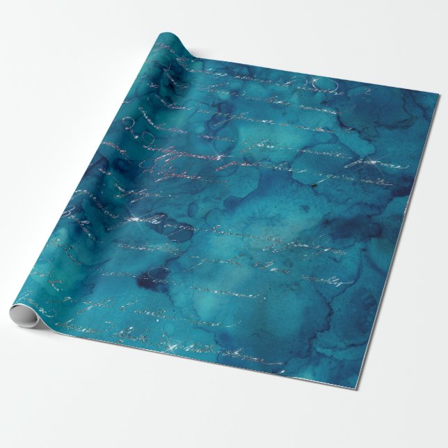 Iridescent Script on Abstract Teal Wrapping Paper (Unrolled)