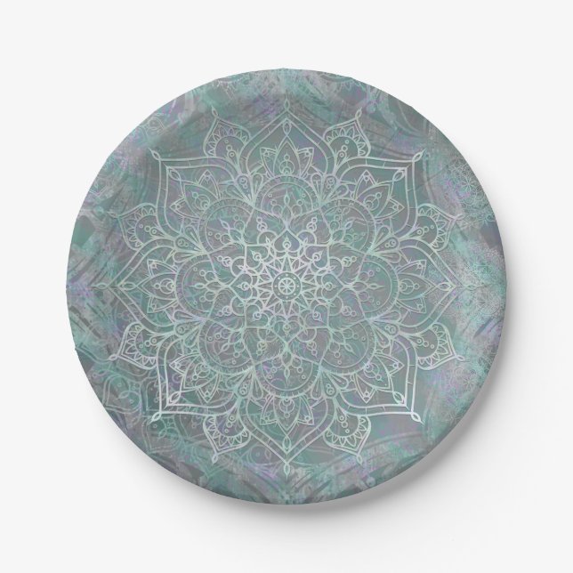 Iridescent Shimmer Mandala Boho Chic Paper Plates (Front)
