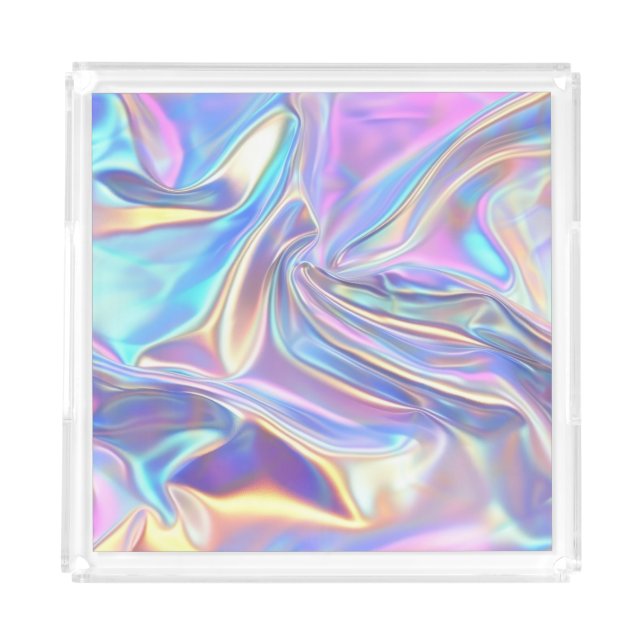 Iridescent Shiny Metallic Fabric, Teal Gold Purple Acrylic Tray (Front)