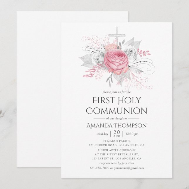 Iridescent Silver and Pink Floral Holy Communion Invitation (Front/Back)