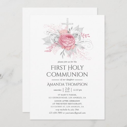 Iridescent Silver and Pink Floral Holy Communion Invitation