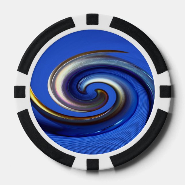 Iridescent Silver Blue Swirl Abstract Poker Chips (Front)