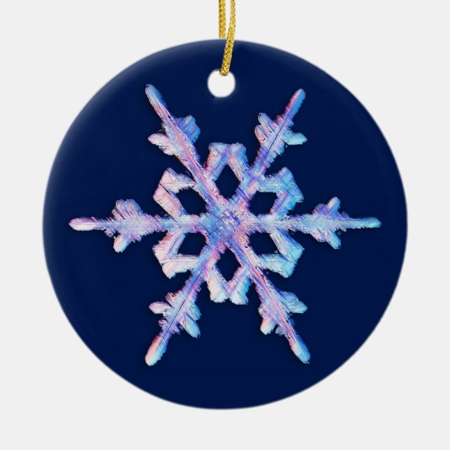 Iridescent Snowflake on Dark Blue Ceramic Ornament (Front)