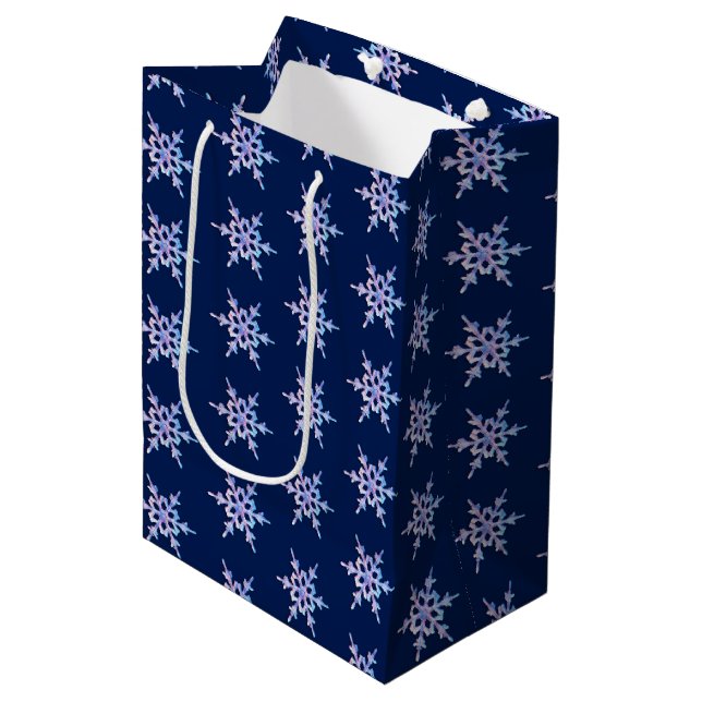 Iridescent snowflake on dark blue medium gift bag (Front Angled)