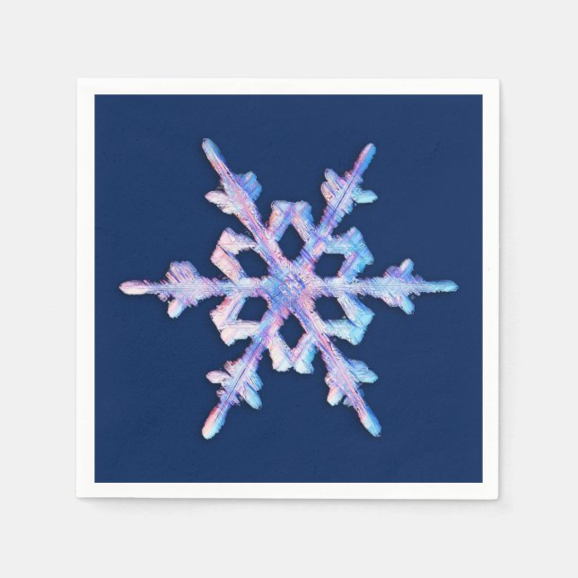 Iridescent snowflake on dark blue paper napkins (Front)